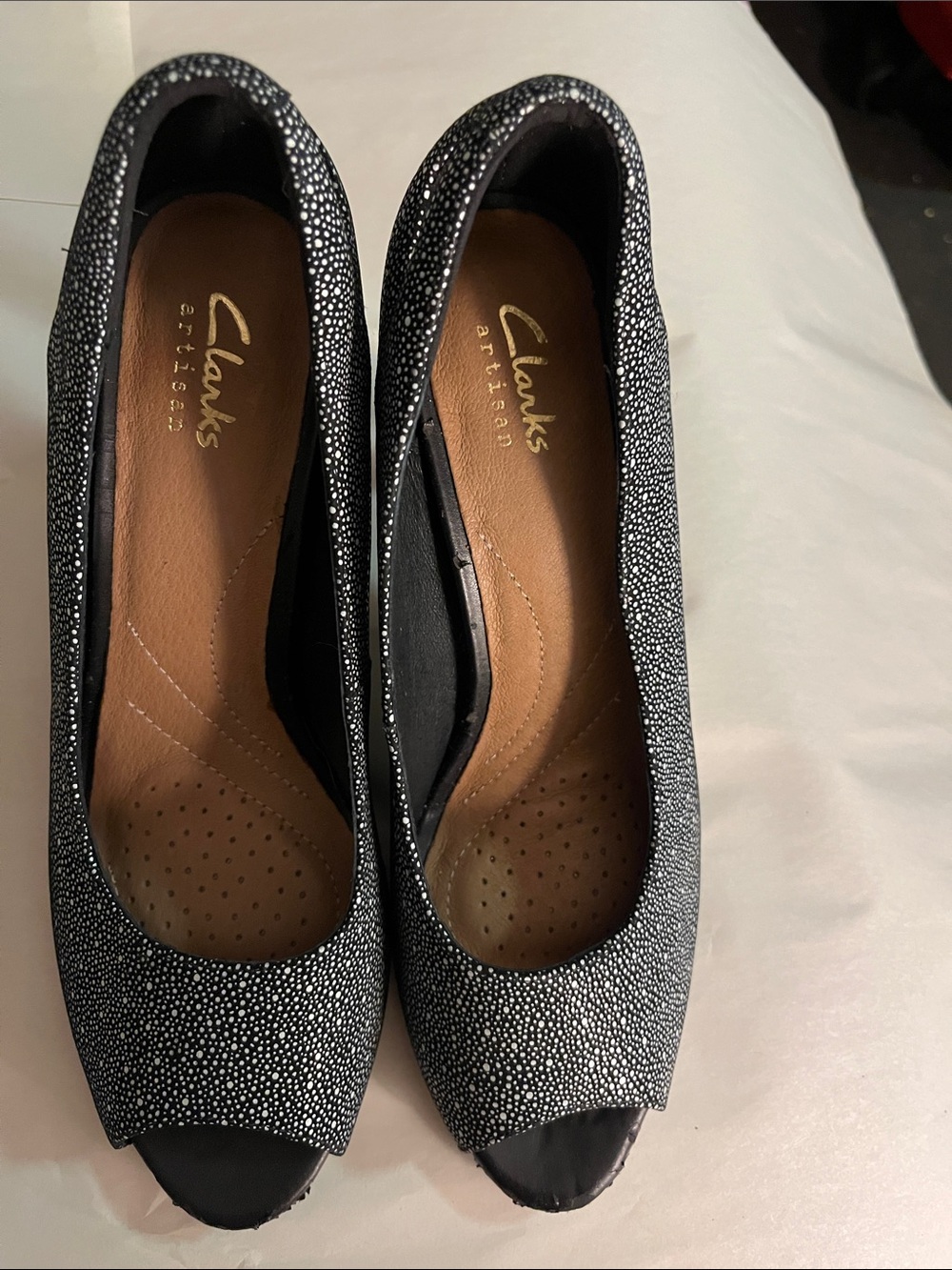 Clarks Black with Silver Sparkle Peep-Toe Heels